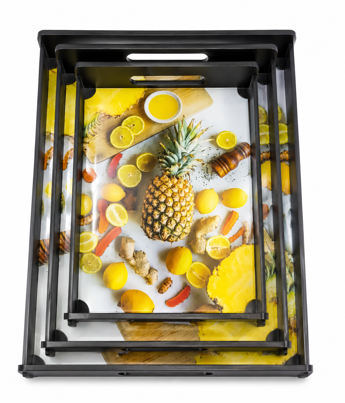 3-piece wooden and glass serving tray set
