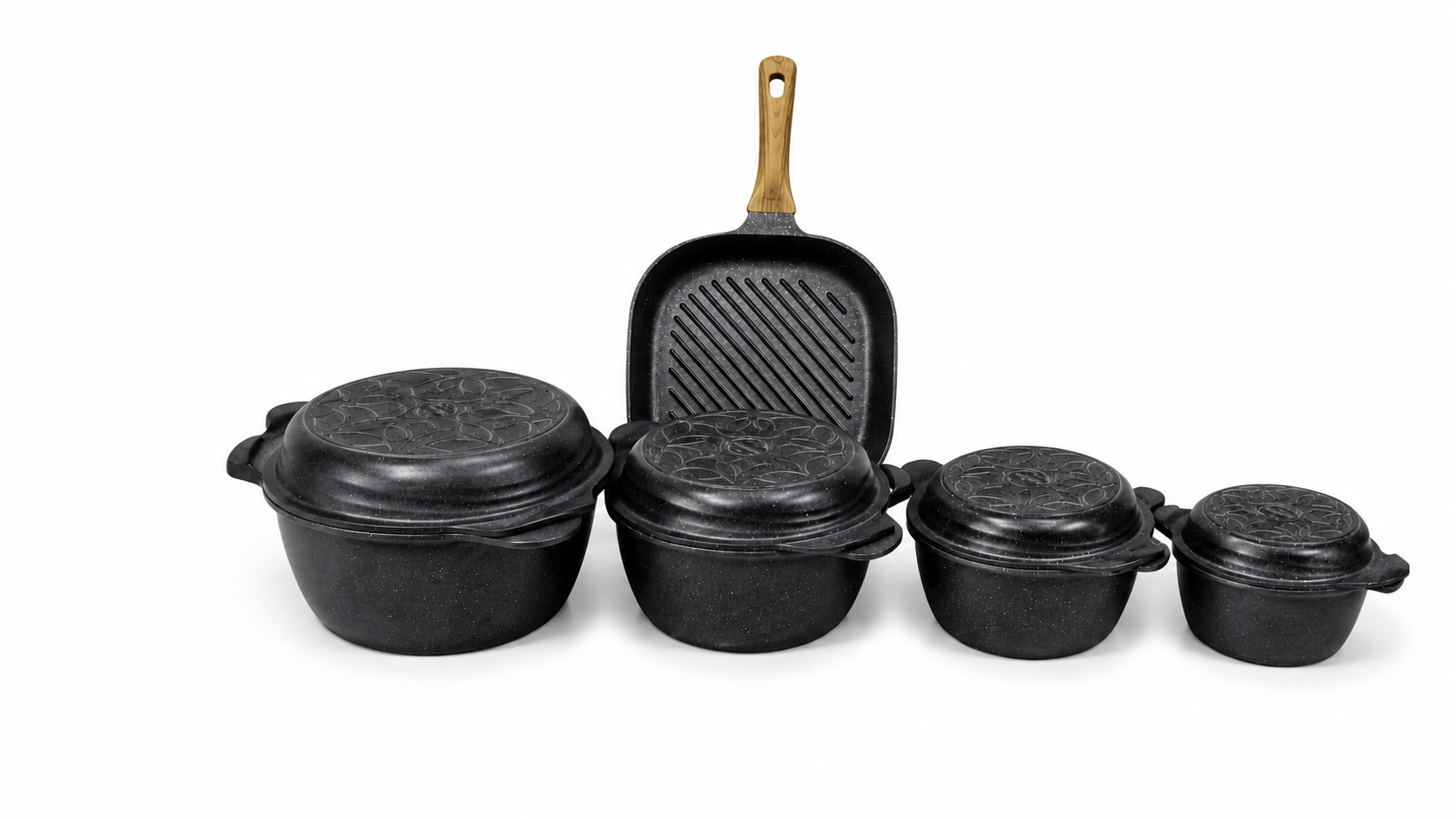 Korean Granite Cookware Set, 10 Pieces, 4 Pots, 2 Pans, Grill, Black